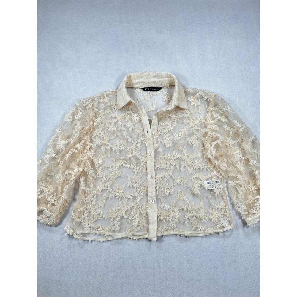 ZARA Cream Sheer Floral Lace Embroidered Cropped Balloon Sleeve Blouse Women's L